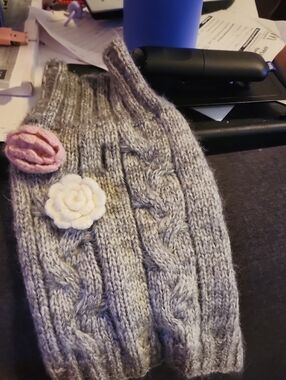 Gray Cable Knit Dog Sweater with Flower Appliques